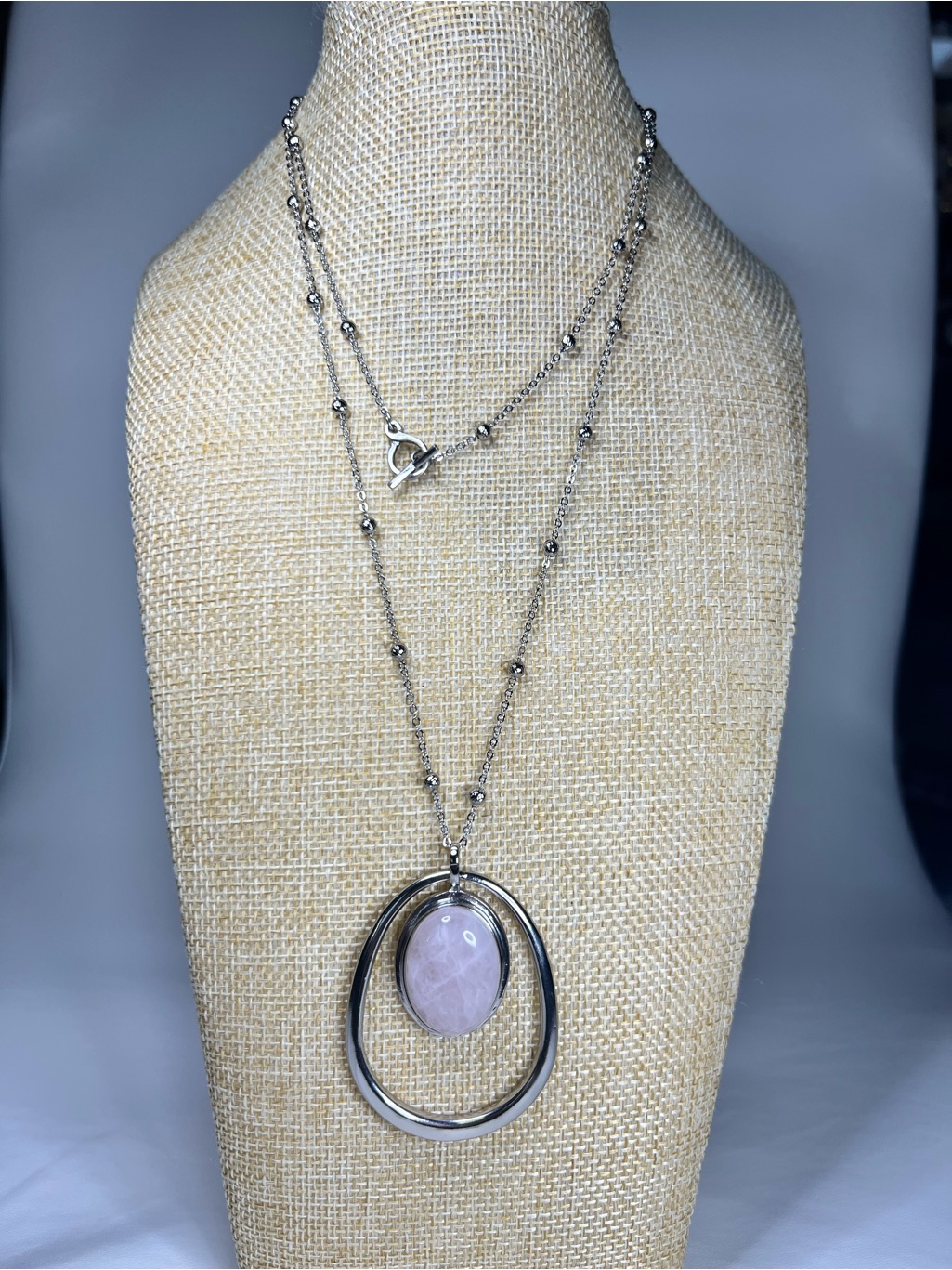 Mid Century $64 Modernist Style Rose Quartz Cabochon Ball Station Chain Necklace